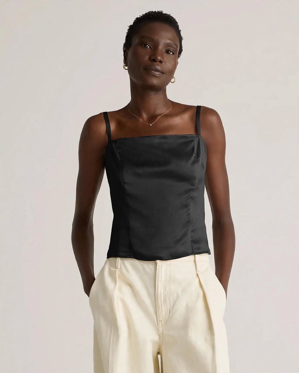 Quince 100% Washable Silk Square Neck Tank in black MEDIUM